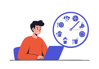 A young man uses a laptop, visualizing a meal plan. A clock overlay displays food icons, suggesting healthy eating and time management. Modern, flat design illustration.