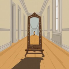 Ornate mirror reflecting a long hallway.