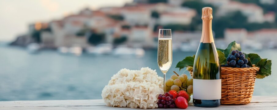 A bottle of sparkling wine with a filled flute glass, grapes, and white flowers set on a table overlooking a blurred coastal town by the water.