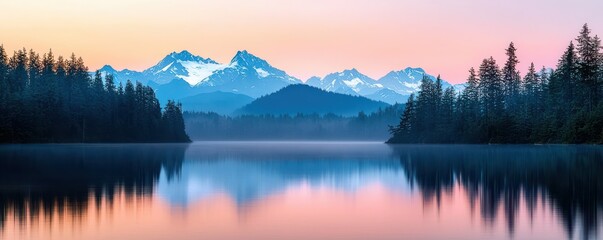 Fototapeta premium A serene lake at sunrise reflects silhouetted pine trees and distant snow-capped mountains under a pastel-colored sky.