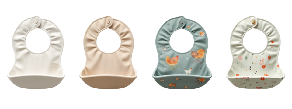 A set of four baby bibs in different colors and patterns.