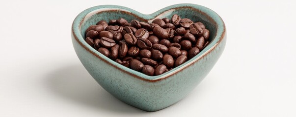 Fototapeta premium Heart-shaped bowl filled with roasted coffee beans on a plain white background.