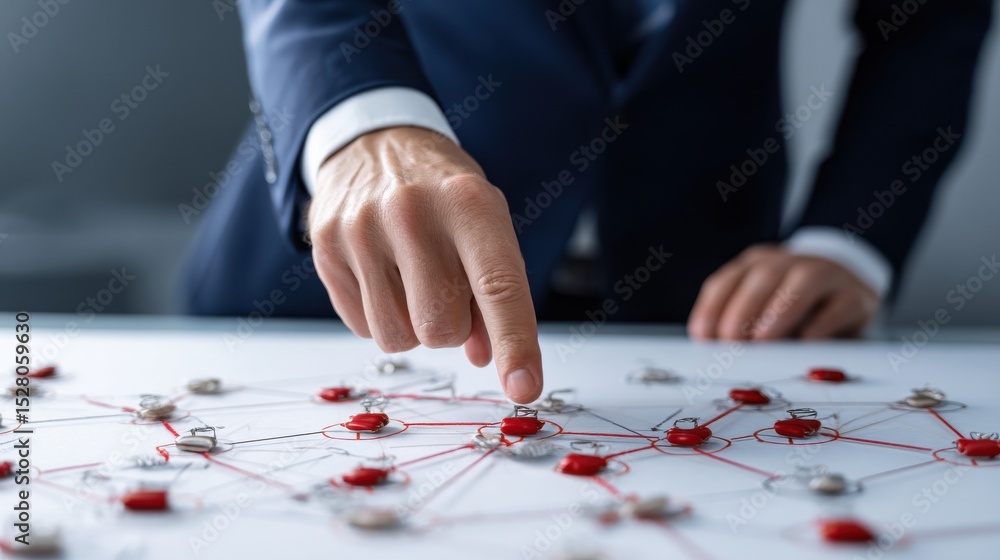 Poster a man is pointing at a map on a table