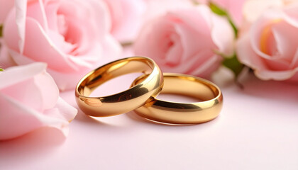 Two gold wedding rings on soft pink floral background symbolize love and commitment with delicate rose petals creating romantic and elegant atmosphere for celebration