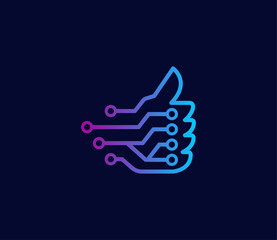 Digital Thumbs Up Logo. Circuit Board Icon Symbolizing Technology and Approval. Vector Logo Template