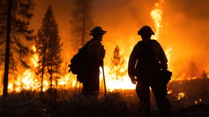 Fototapeta premium Two firefighters stand in front of a forest fire