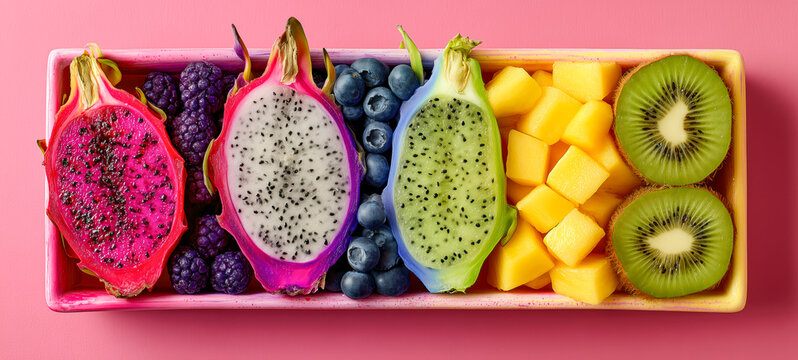 Colorful fruit assortment featuring dragon fruit, blackberries, blueberries, mango chunks, and kiwi halves presented on a pink backdrop.