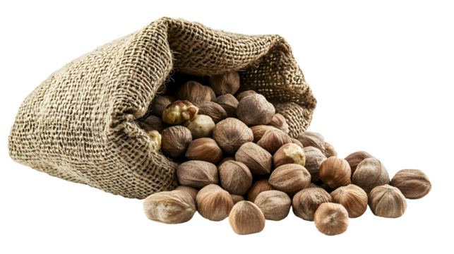 A bag of nuts is spread out on a white background. The nuts are scattered all over the bag, with some of them falling out of the bag. Concept of abundance and variety