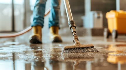 A person using a broom to clean a wet floor, showcasing the importance of cleanliness in both residential and commercial spaces for hygiene and maintenance.