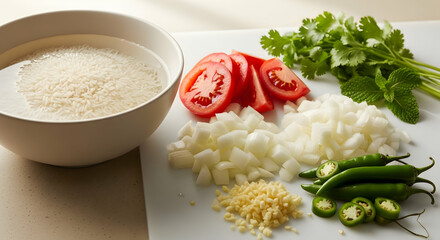 Fresh Ingredients for Kabsa: Rice, Vegetables, and Spices