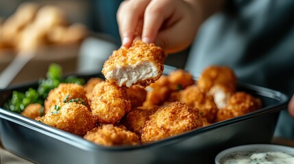 Golden, crispy fried chicken bites are presented in a tempting display, perfect for snacking, highlighting delicious features of comfort food that invite indulgence and enjoyment.