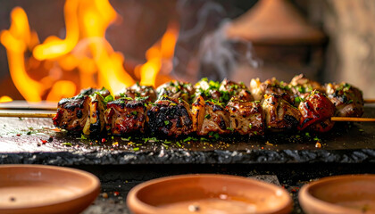 Traditional cuisine grilled meat skewers cooked over open flame with local spices and herbs food meat grill bar-b-q skewer