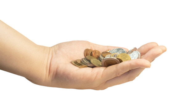 Hand holding a coin isolated on transparent background.