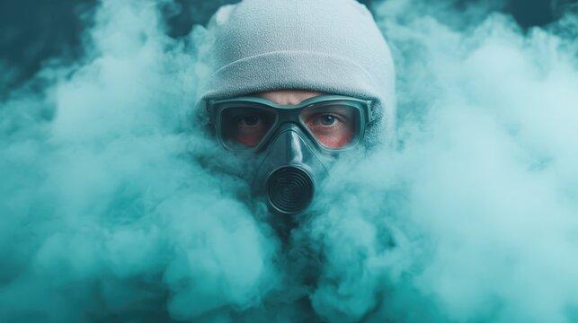 A person with a gas mask emerges from swirling turquoise smoke, creating a dramatic and mysterious atmosphere that evokes feelings of apprehension and curiosity.