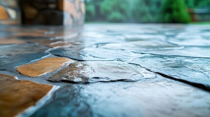 A close-up view of a water-drenched stone pathway surrounded by greenery, capturing the beauty of nature and the tranquility of outdoor spaces after a refreshing rain shower.