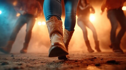 A dynamic scene of dancers in stylish boots confidently moving to the rhythm of country music, capturing the energy and social spirit of music and dance in vibrant atmospheres.
