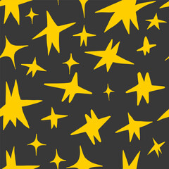 Vector doodle cartoon illustration featuring yellow whimsical stars of different shapes on dark gray background. Playful creative tile background for social media. textile design and decor