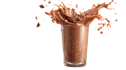 A glass of chocolate milk is splashing out of the glass. The splash is so big that it covers the entire glass