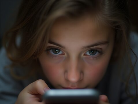 Extreme closeup of a young persons eye looking at their phone screen, emphasizing the allconsuming nature of social media in teen culture.