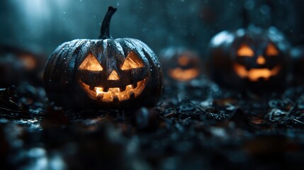 A collection of eerie jack-o'-lanterns illuminates the darkness with their haunting glow, encapsulating the festive essence of Halloween and the playful spirit of seasonal celebrations.