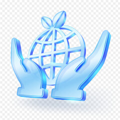 Two translucent, glass blue hands gently cradle a stylized globe with leaves sprouting from the top, symbolizing environmental protection and global sustainability. 3D Vector illustration icon.