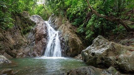 Fototapeta premium Sunbeams in Lush Rainforest Waterfall