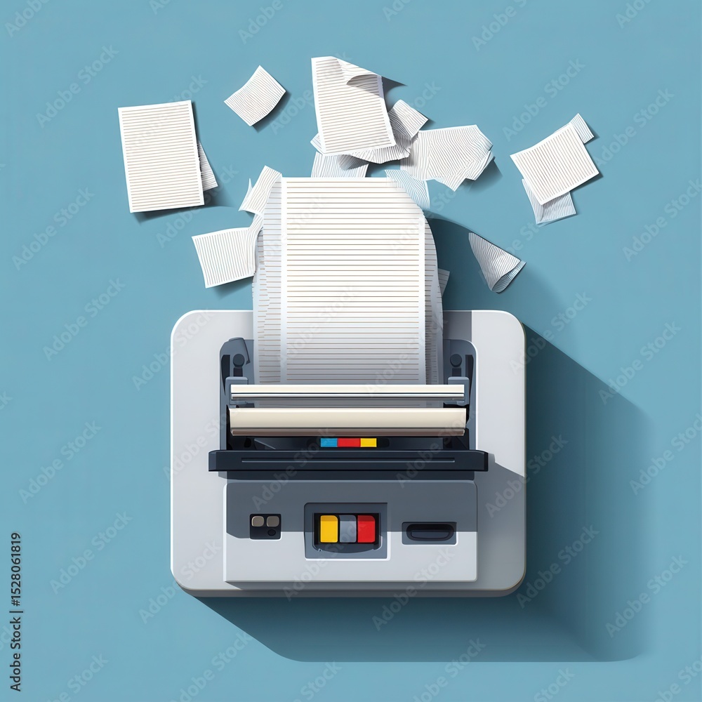Poster printer with a roll of paper and scattered sheets.