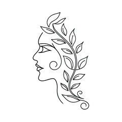 Elegant line art depicting a woman's profile intertwined with delicate leaves