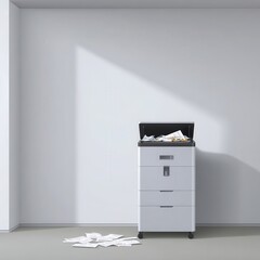 Light gray multifunction printer with overflowing paper tray.