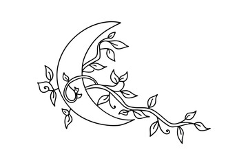 Elegant crescent moon design with leafy vine elements and minimalist black line art