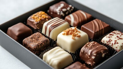 A luxurious array of gourmet chocolates presented in a stylish box, highlighting the rich textures and intricate designs that make them an exquisite treat for any chocoholic.