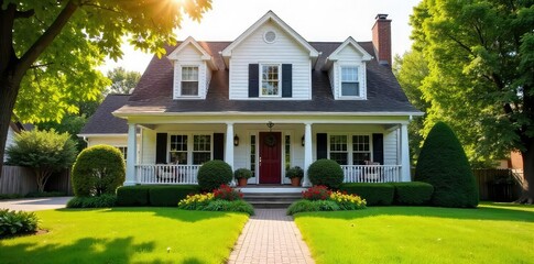 Happy family's new home, sun shining on a welcoming front porch Perfect suburban dream home with lush green lawn and blooming flowers Ready to move in!, family, welcoming, sun