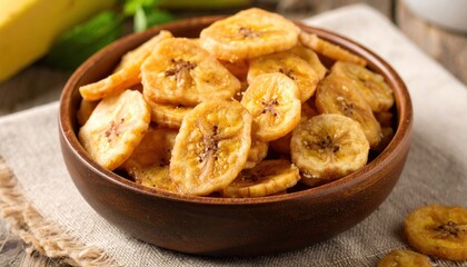 Golden banana chips arranged artfully in a wooden bowl on rustic fabric