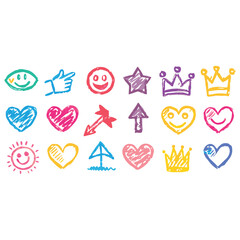 Hand Drawn Smile Emoji Icons Fun Face, Heart, Crown Crayon Texture Vector Set Isolated on White.