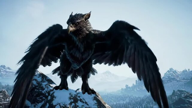 Mythical bird on rocky outcrop