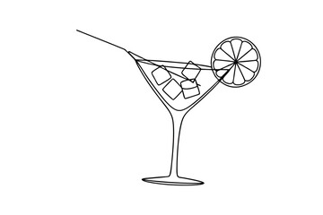 Minimalist single line drawing of a cocktail glass with ice cubes and lemon slice