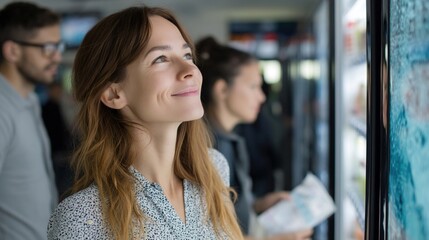 A satisfied customer holding a printed report from the vending machine surrounded by curious onlookers with a backdrop of digital screens illustrating the concept of personal genomics