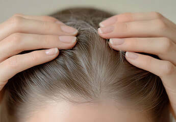 Fototapeta premium Woman s hands touching the roots of her short, graying brown hair on her head