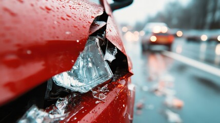 A close-up shot of a red car with a damaged headlight and wet street conditions, highlighting the themes of accidents and the realities of urban driving.