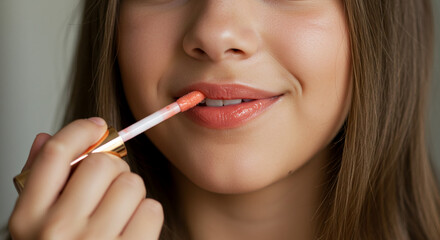 Young woman applying lip gloss to her mouth