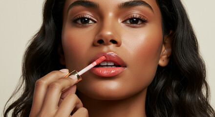 Woman applying lip gloss to her mouth	
