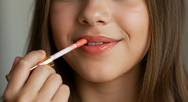 Young woman applying lip gloss to her mouth