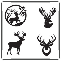 Deer Silhouette Vector Set – Majestic Stag Head Logos, Wild Animal Icons, Nature and Forest-Themed Black Illustrations, Elegant Hunting Symbols for Tattoos, Labels, or Badges

