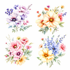 Wild flowers set, watercolor digital illustration.