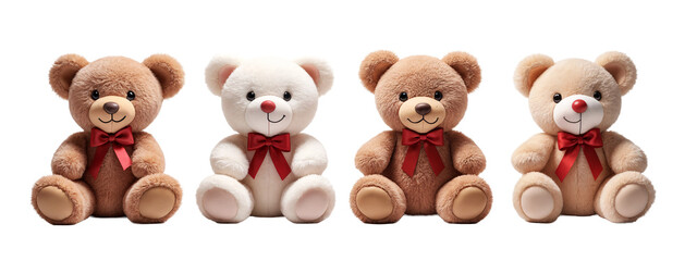 Obraz premium A row of four teddy bears with red bows on their necks.