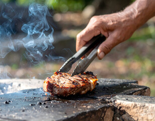 Traditional cuisine grilled meat prepared outdoors by local chef with smoky aroma and rustic food meat grill bar-b-q skewer