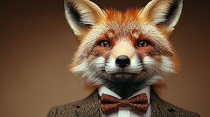 A fox dressed in a formal suit and bowtie stands with a charming expression, symbolizing a playful blend of nature and sophistication in a whimsical artistic portrayal.