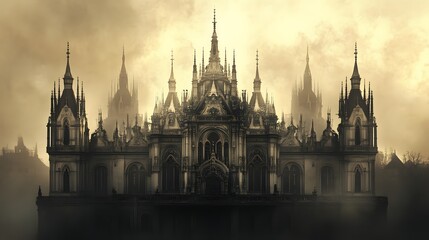 Naklejka premium Majestic Gothic Castle Towers Piercing the Misty Skyline in Dramatic Fantasy Landscape
