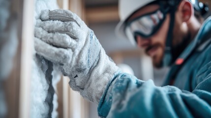 A construction worker clad in protective gear works carefully to insulate a wall, showcasing dedication to safety, quality, and the importance of effective building practices.