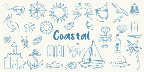 Coastal summer doodle illustration set. Hand drawn whimsical lighthouse, lobster, crab, bikini, palm tree, shells and anchor illustration for greeting 
cards, invitations, wrapping paper.
